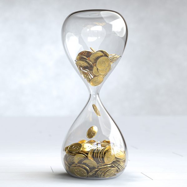 Gold coin in the hourglass, Time is money concept. 3D illustration